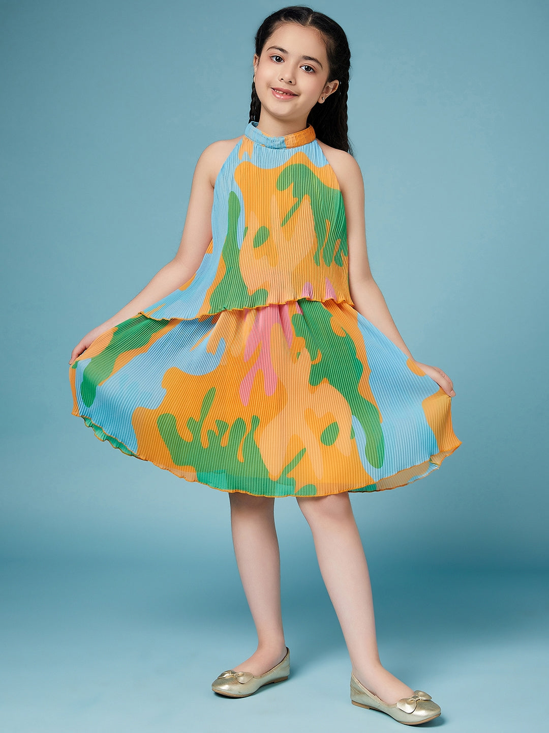 Girls Tie and Dye Georgette A-Line Dress (d-orange)