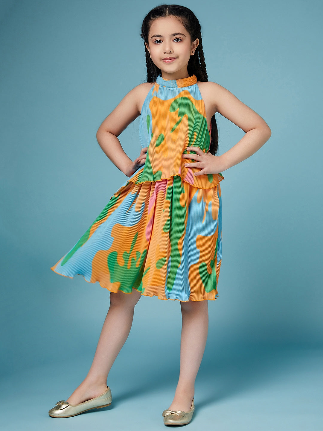 Girls Tie and Dye Georgette A-Line Dress (d-orange)