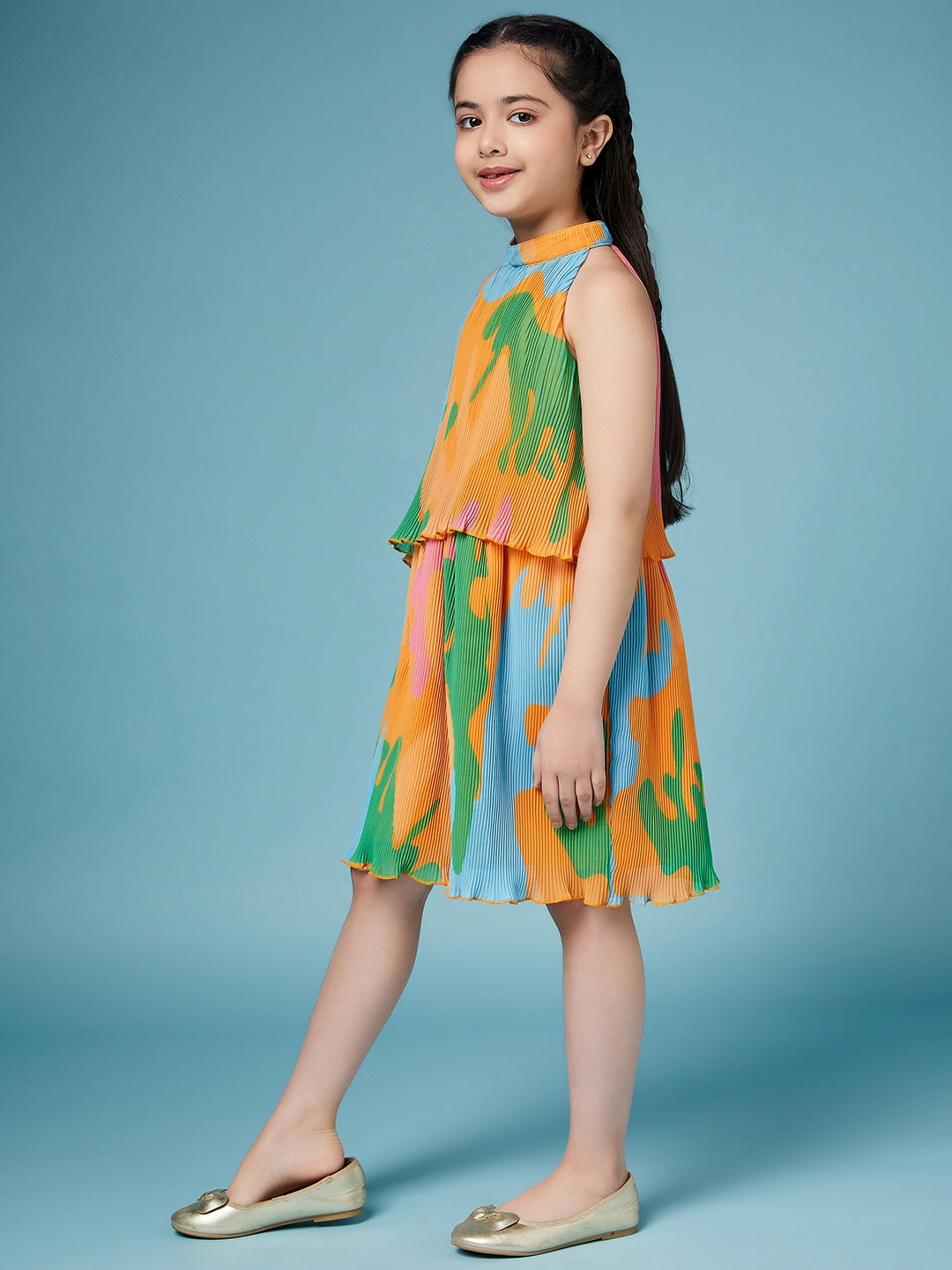 Girls Tie and Dye Georgette A-Line Dress (d-orange)