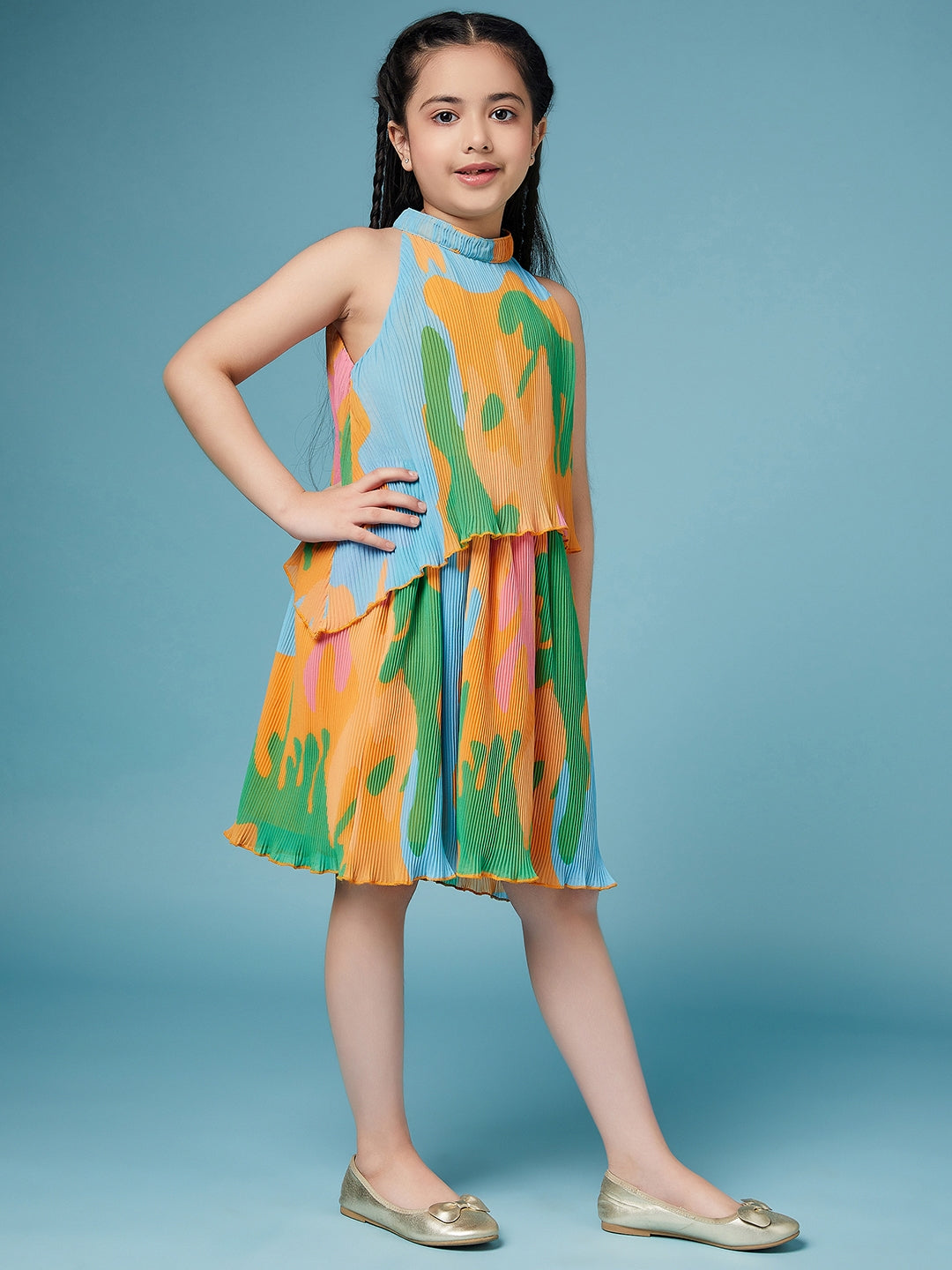 Girls Tie and Dye Georgette A-Line Dress (d-orange)