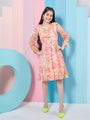 Girl's V-Neck Cuffed Sleeves Floral Print Fit Flare Orange Dress Effortlessly Stylish for Every Occasion (d-orangemulti)