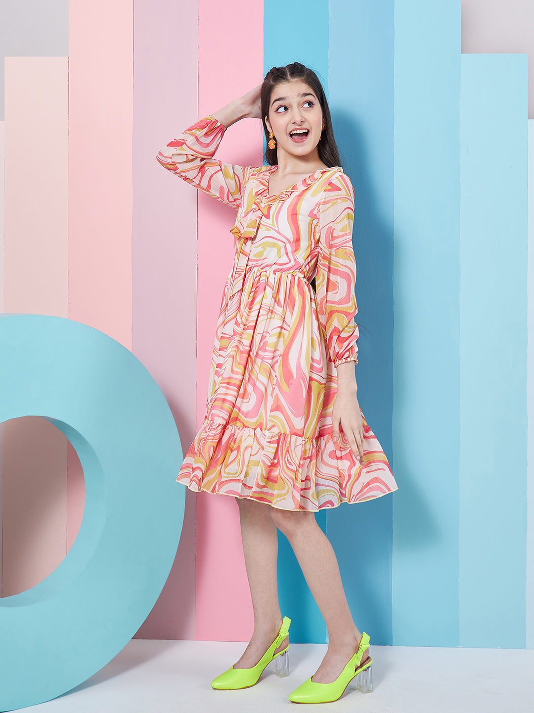 Girl's V-Neck Cuffed Sleeves Floral Print Fit Flare Orange Dress Effortlessly Stylish for Every Occasion (d-orangemulti)