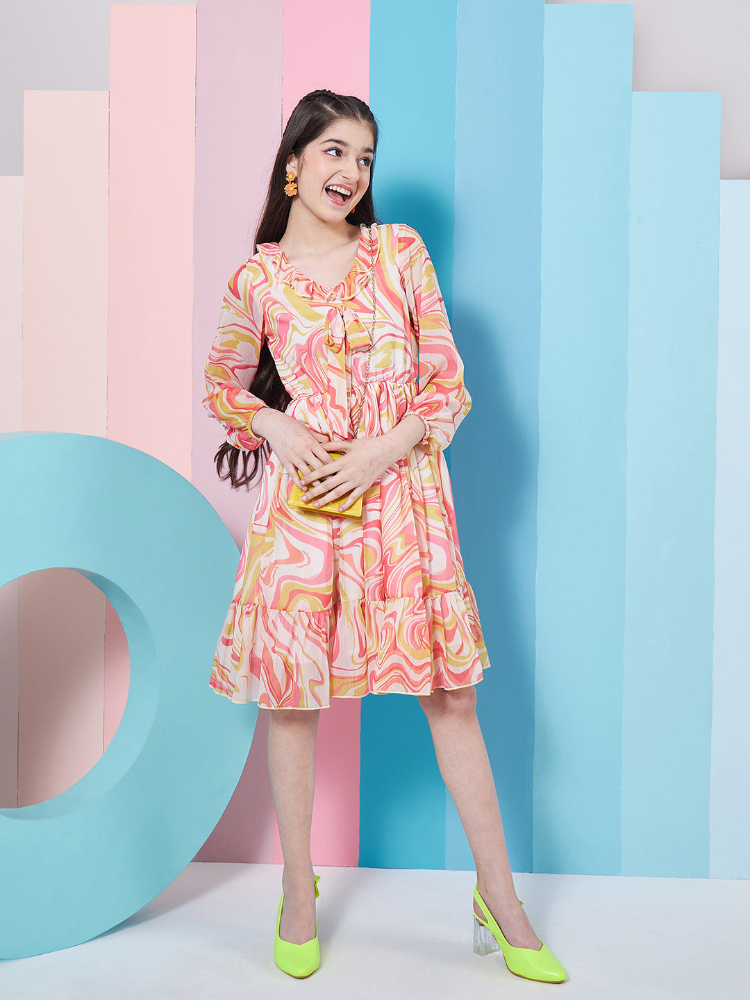 Girl's V-Neck Cuffed Sleeves Floral Print Fit Flare Orange Dress Effortlessly Stylish for Every Occasion (d-orangemulti)