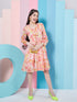 Girl's V-Neck Cuffed Sleeves Floral Print Fit Flare Orange Dress Effortlessly Stylish for Every Occasion (d-orangemulti)
