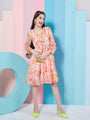 Girl's V-Neck Cuffed Sleeves Floral Print Fit Flare Orange Dress Effortlessly Stylish for Every Occasion (d-orangemulti)