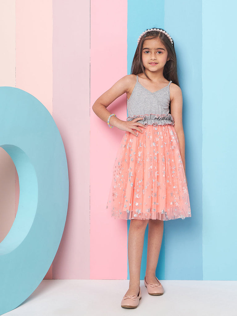 Girls' Embellished Ruffles Net Dress Casual Wear Stylish & Elegant Fit & Flare Design (d-orangestar)
