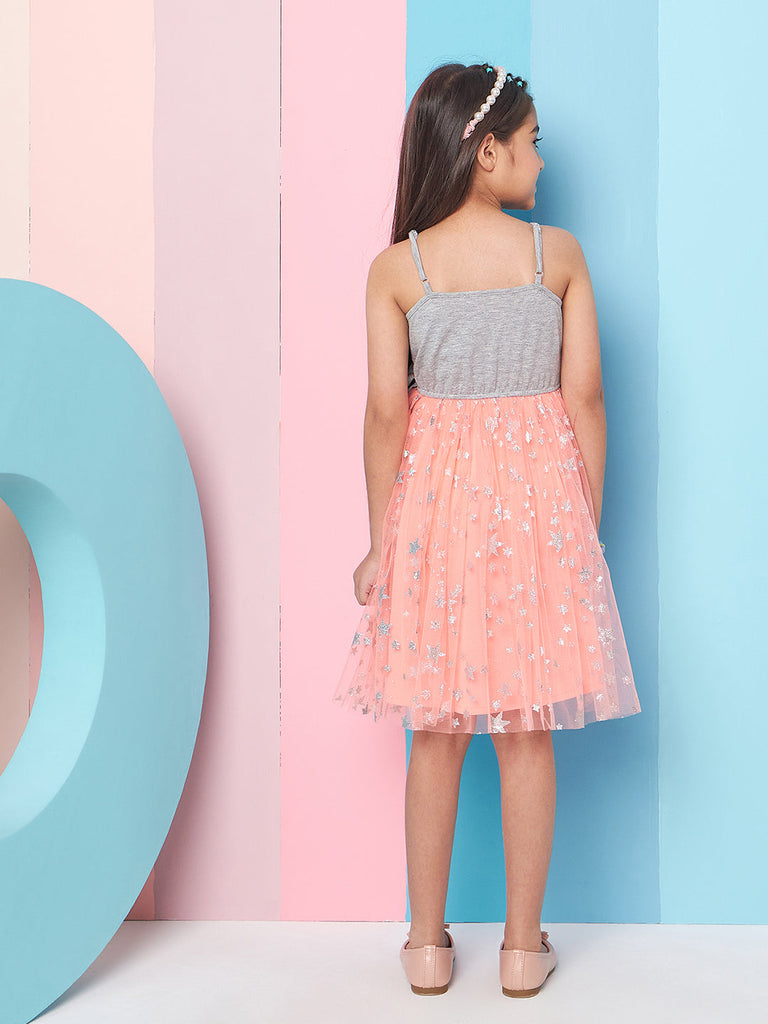 Girls' Embellished Ruffles Net Dress Casual Wear Stylish & Elegant Fit & Flare Design (d-orangestar)