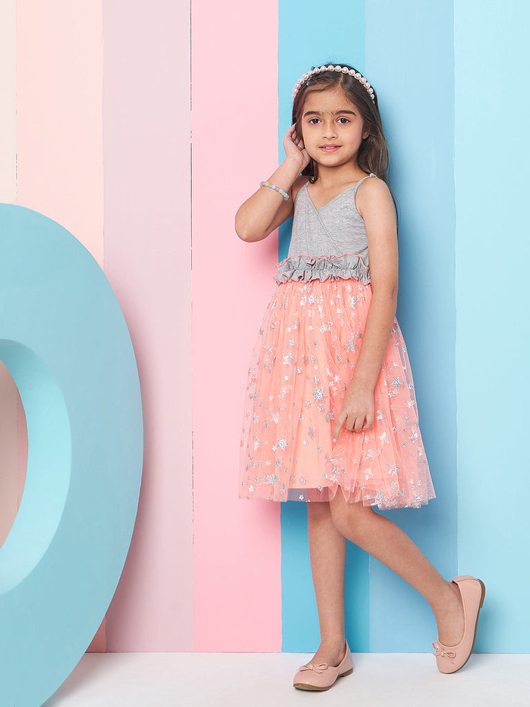 Girls' Embellished Ruffles Net Dress Casual Wear Stylish & Elegant Fit & Flare Design (d-orangestar)