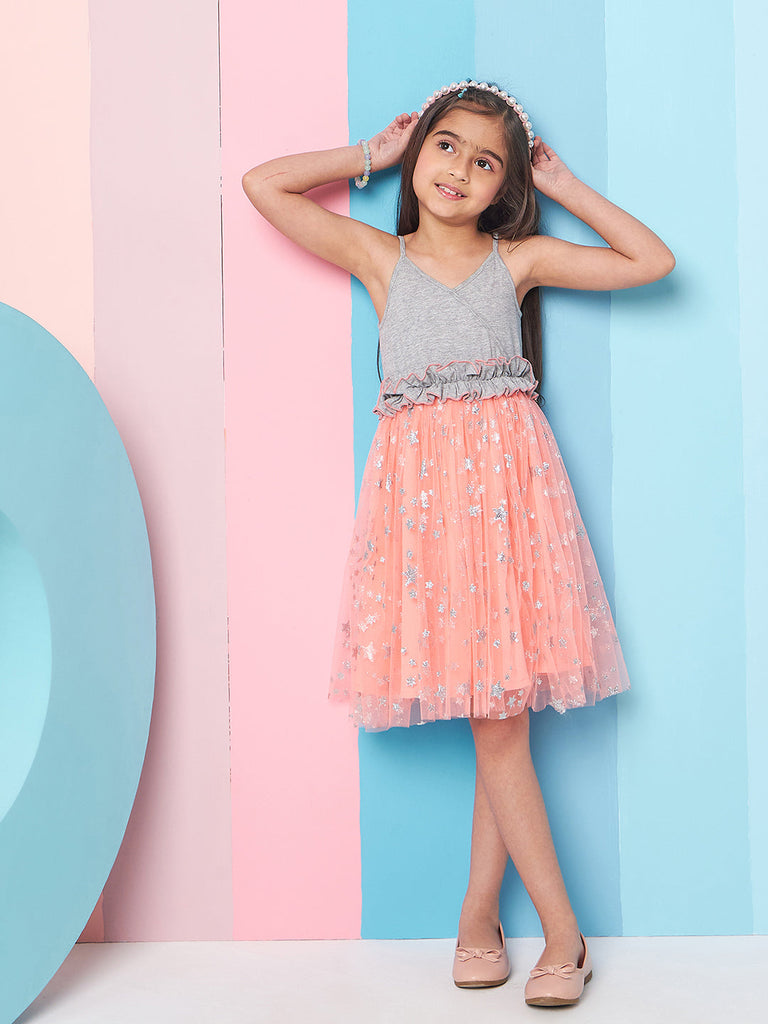 Girls' Embellished Ruffles Net Dress Casual Wear Stylish & Elegant Fit & Flare Design (d-orangestar)