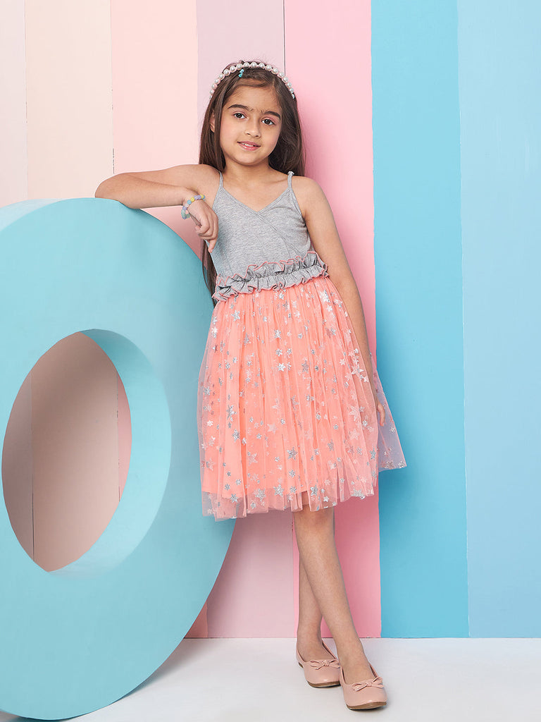 Girls' Embellished Ruffles Net Dress Casual Wear Stylish & Elegant Fit & Flare Design (d-orangestar)