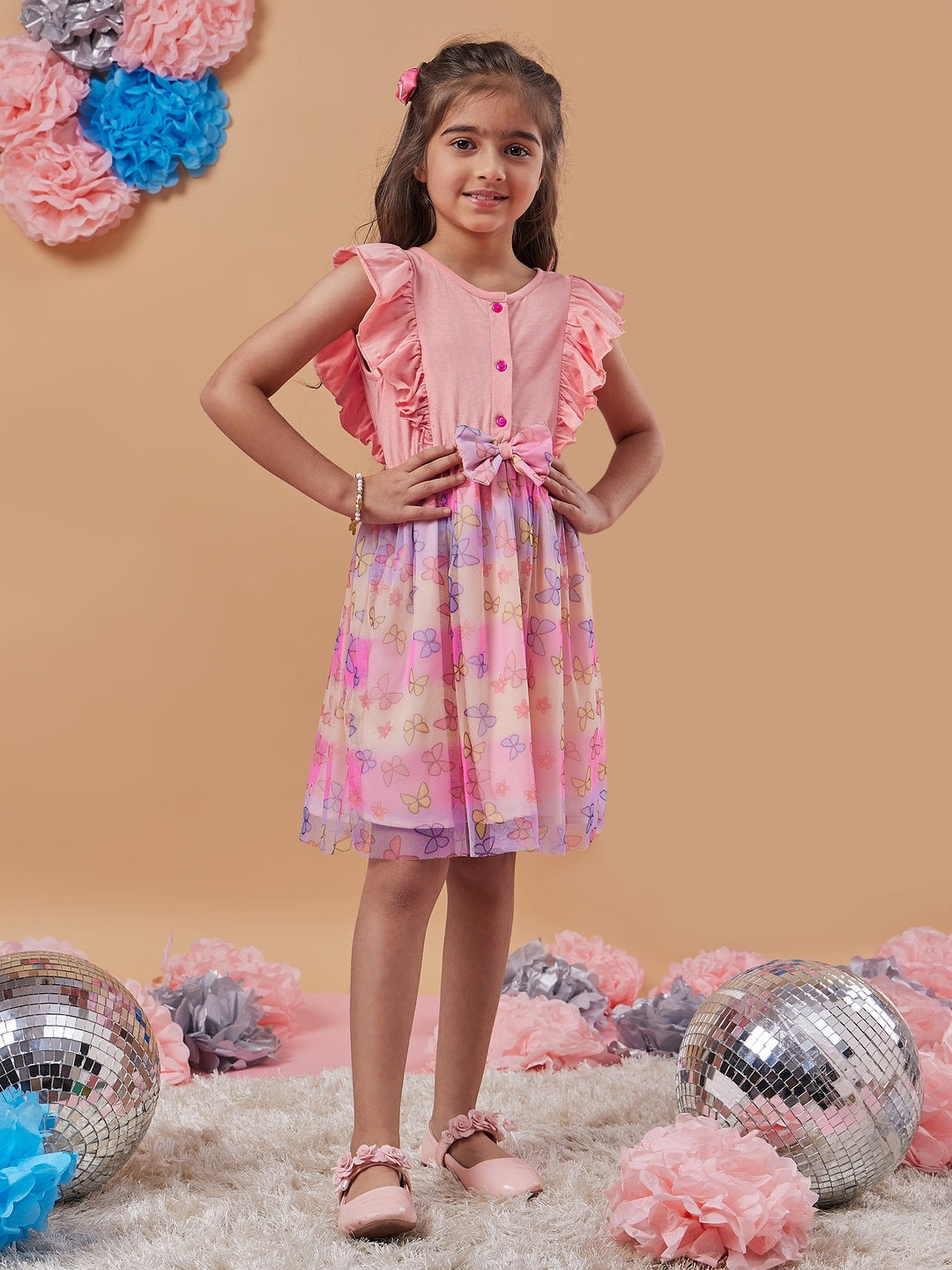 Girl's Conversational Printed Net Fit & Flare Orange Dress Fun & Stylish for Every Occasion (d-peachbutterfly)