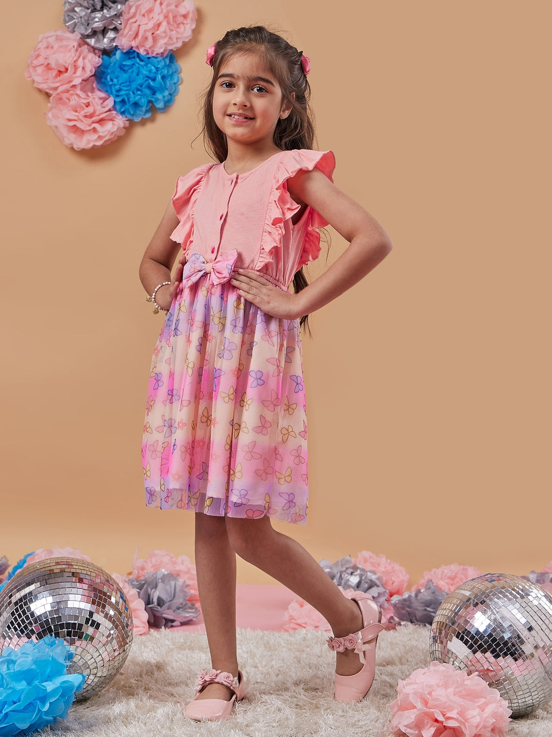 Girl's Conversational Printed Net Fit & Flare Orange Dress Fun & Stylish for Every Occasion (d-peachbutterfly)