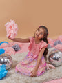 Girl's Conversational Printed Net Fit & Flare Orange Dress Fun & Stylish for Every Occasion (d-peachbutterfly)
