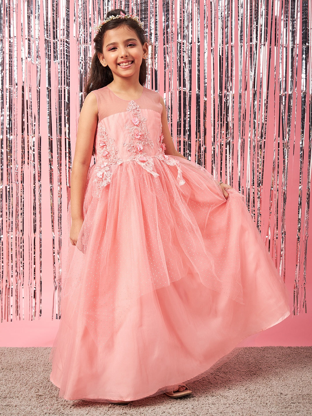 Girls Embellished Applique Fit & Flare Maxi Dress (d-peachdew)