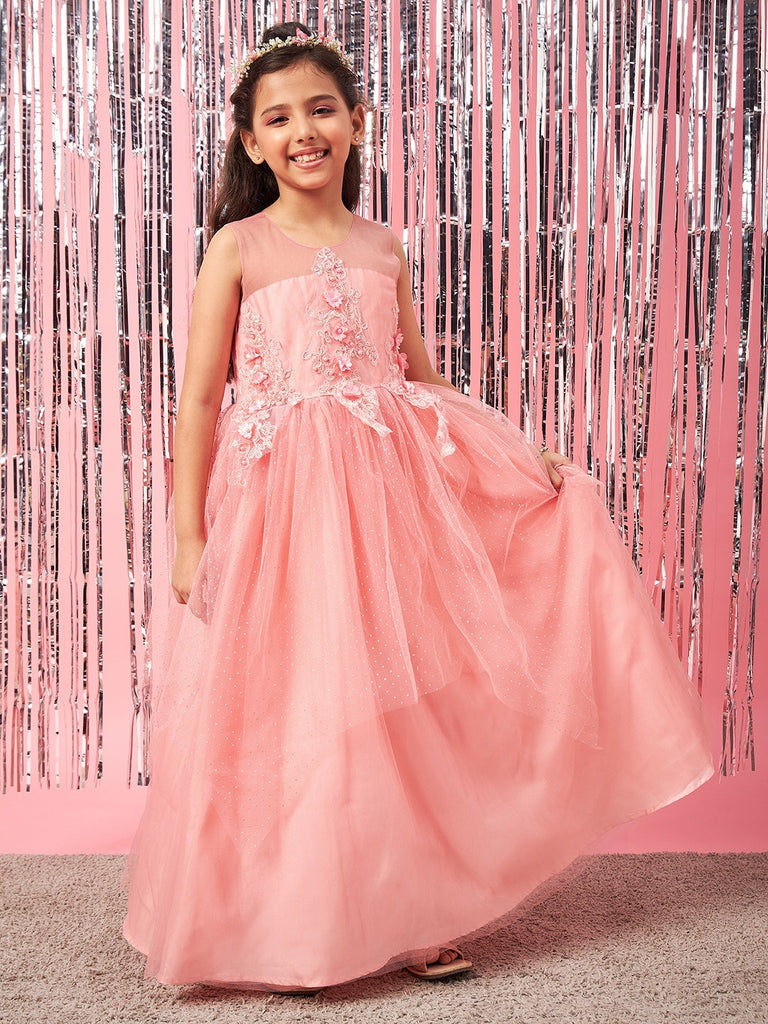 Girls Embellished Applique Fit & Flare Maxi Dress (d-peachdew)
