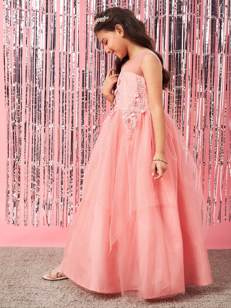 Girls Embellished Applique Fit & Flare Maxi Dress (d-peachdew)