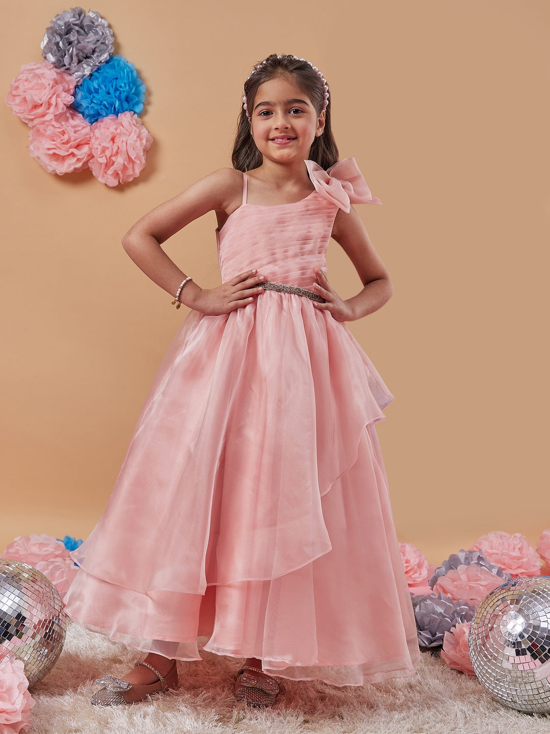 Peach-coloured solid maxi dress Halter Neck Sleeveless Party Wear Dress (d-peachgown)
