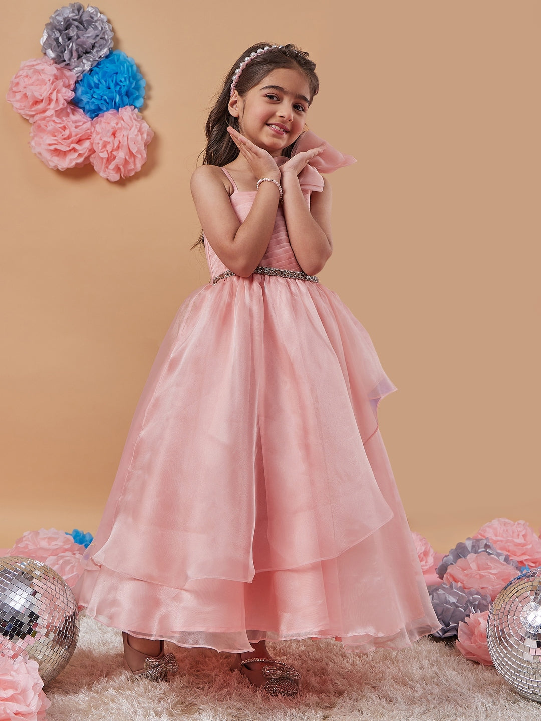 Peach-coloured solid maxi dress Halter Neck Sleeveless Party Wear Dress (d-peachgown)