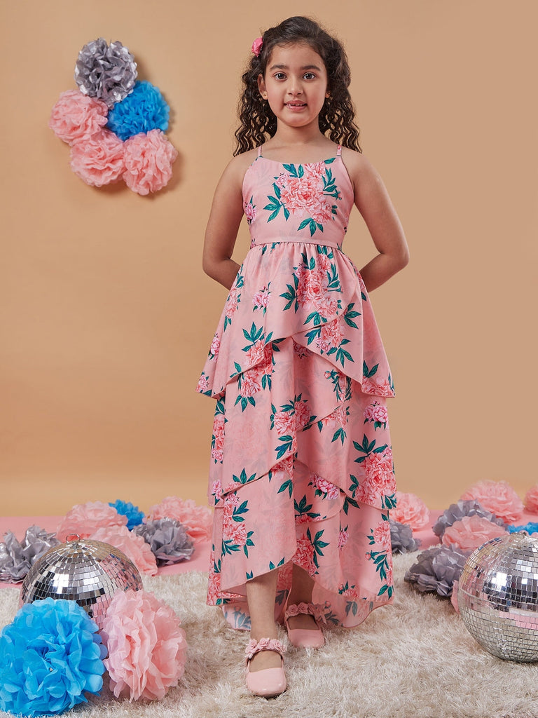Girl's Floral Printed Layered Detailed Maxi Dress Orange Color Perfect For Every Occasion (d-peachlong)