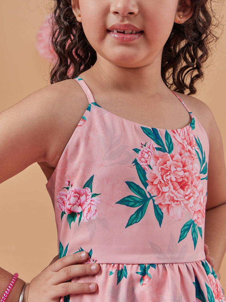 Girl's Floral Printed Layered Detailed Maxi Dress Orange Color Perfect For Every Occasion (d-peachlong)