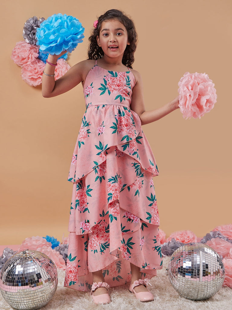 Girl's Floral Printed Layered Detailed Maxi Dress Orange Color Perfect For Every Occasion (d-peachlong)