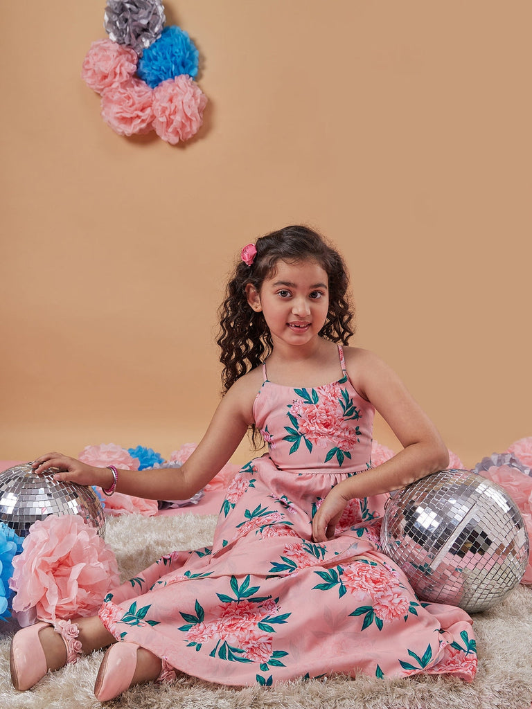 Girl's Floral Printed Layered Detailed Maxi Dress Orange Color Perfect For Every Occasion (d-peachlong)