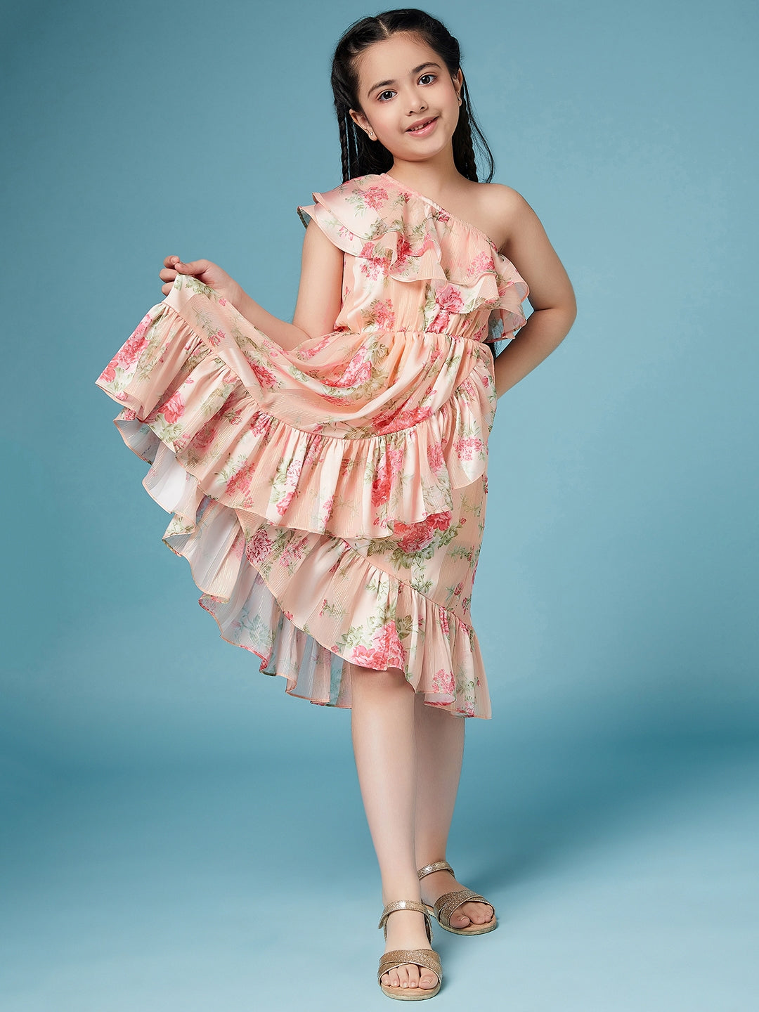 Girls Floral One Shoulder flutter sleeve Georgette Casual Dress (d-peachlu)