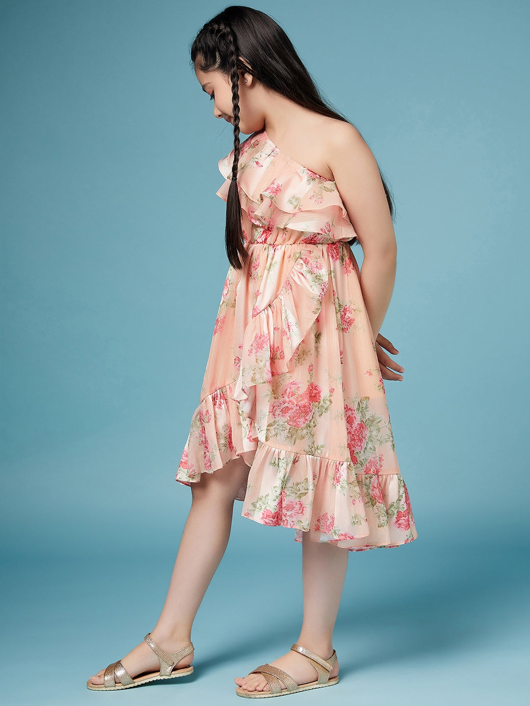 Girls Floral One Shoulder flutter sleeve Georgette Casual Dress (d-peachlu)