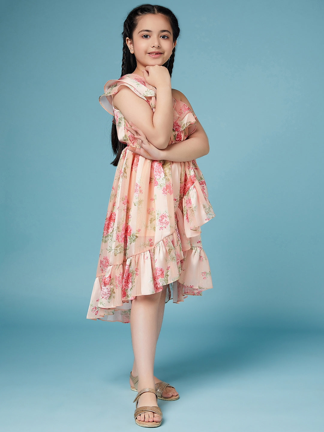 Girls Floral One Shoulder flutter sleeve Georgette Casual Dress (d-peachlu)