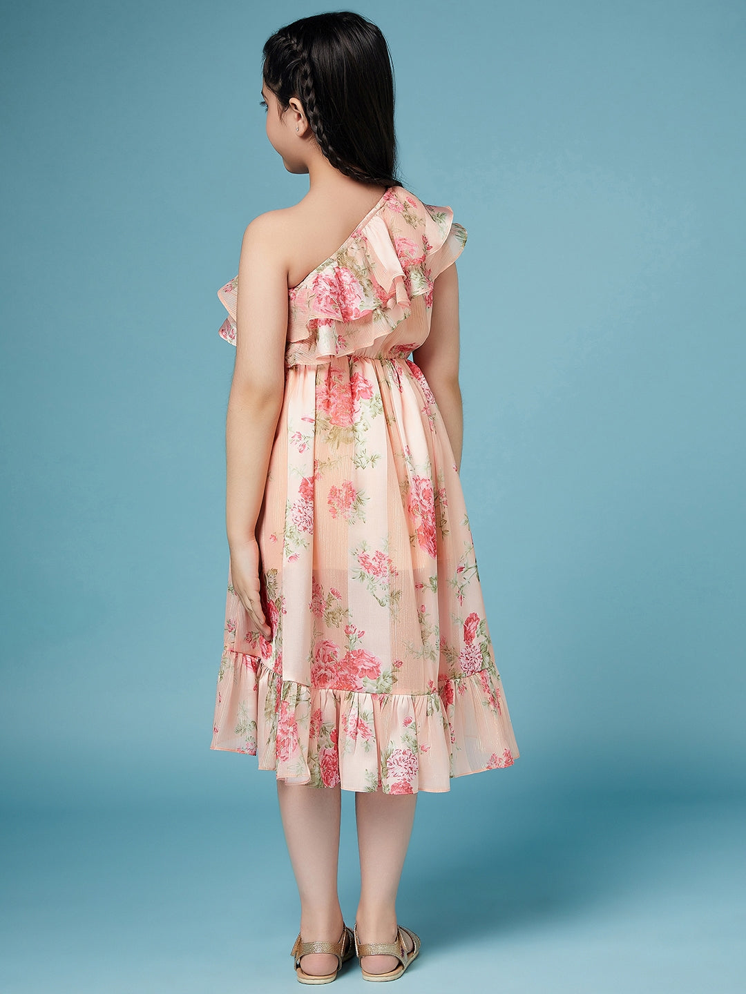 Girls Floral One Shoulder flutter sleeve Georgette Casual Dress (d-peachlu)