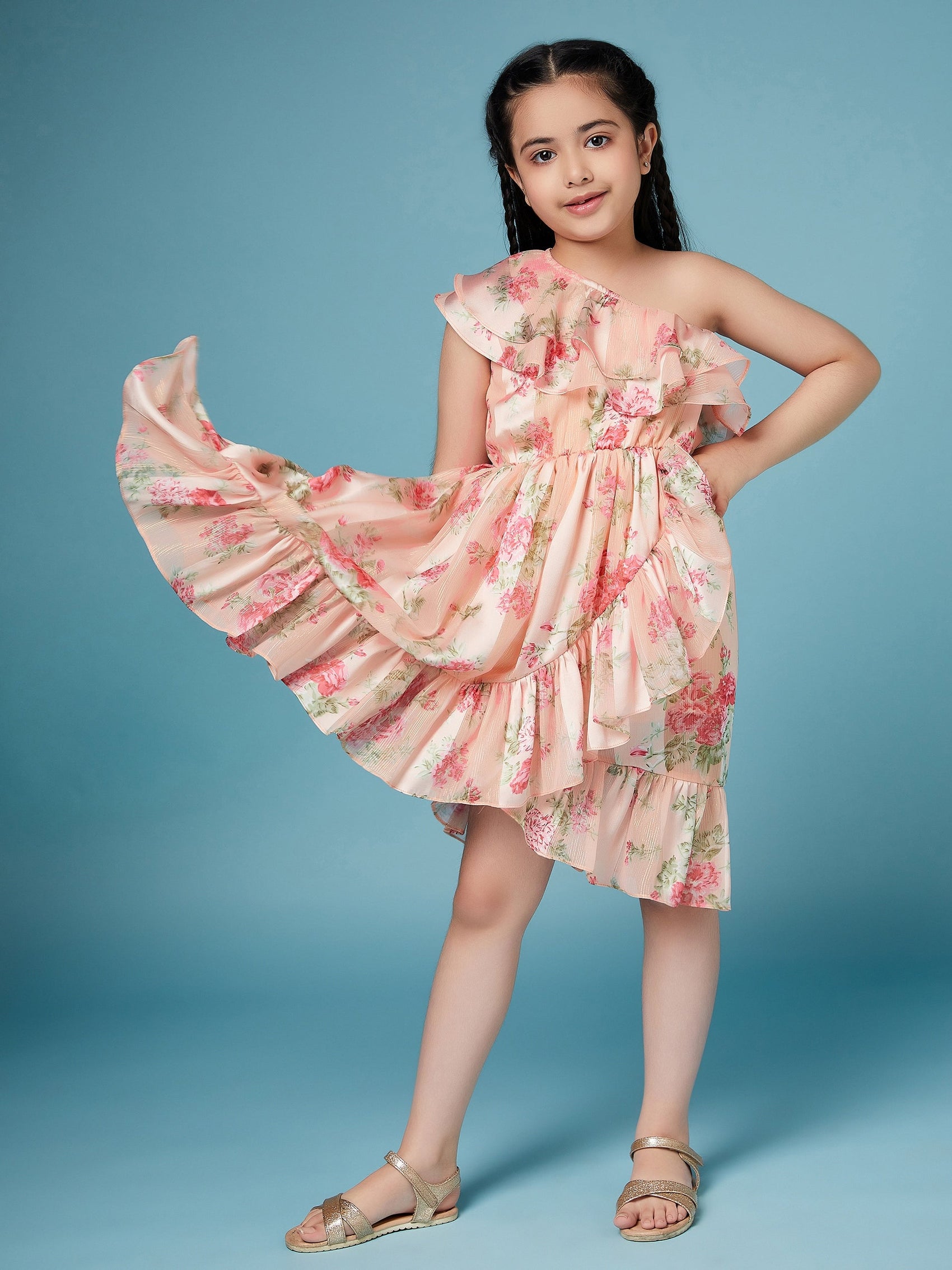 Girls Floral One Shoulder flutter sleeve Georgette Casual Dress (d-peachlu)