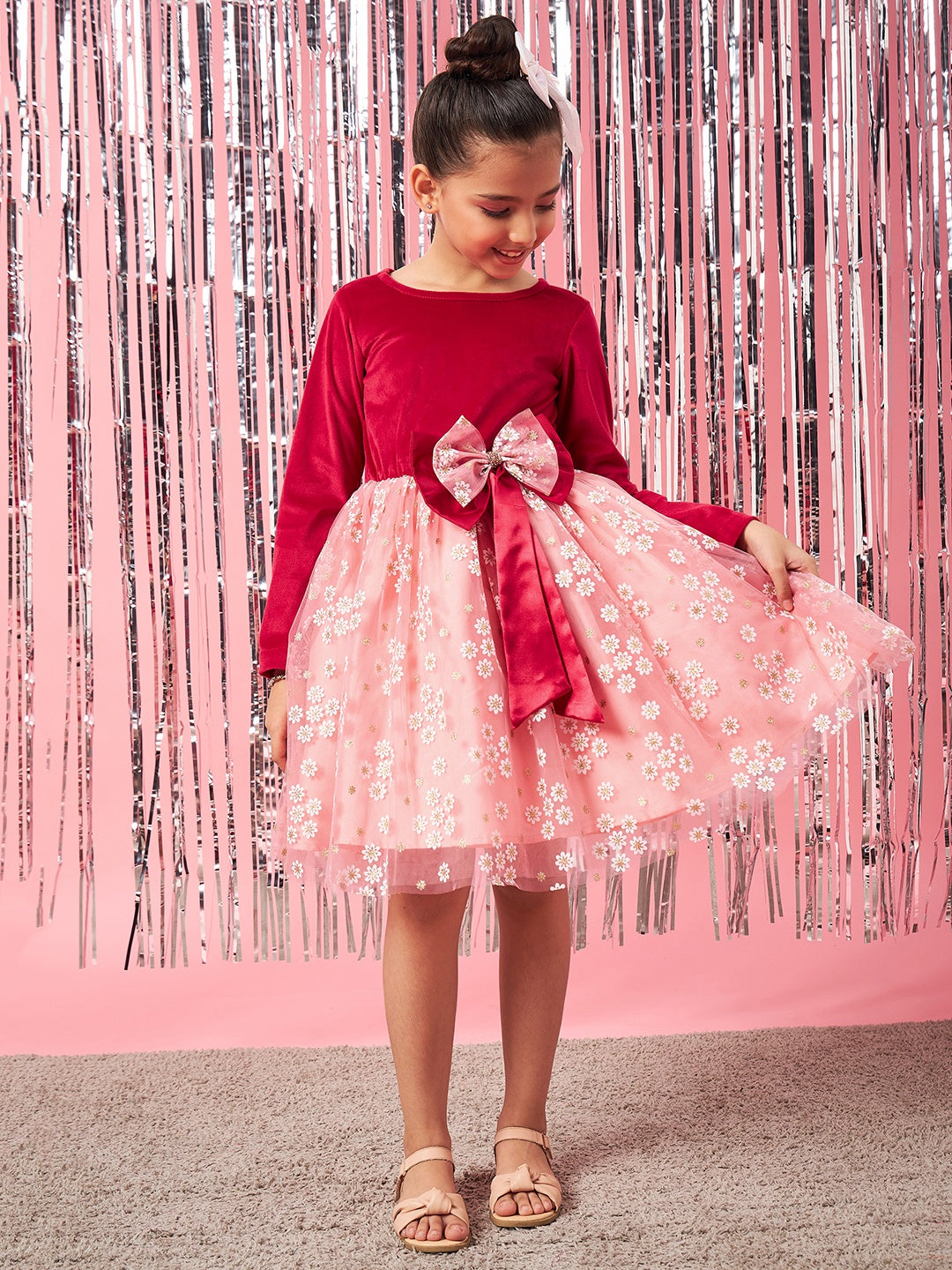 Girls Peach-coloured floral print fit & flare Round neck regular sleeves Casual dress (d-peachvel)