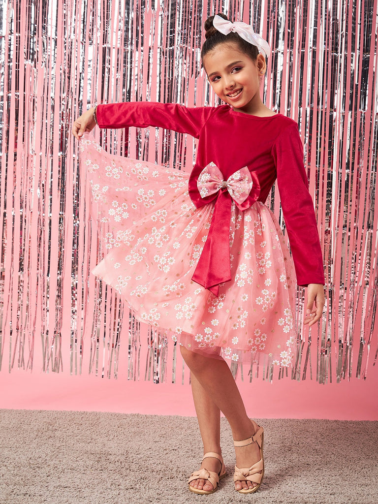 Girls Peach-coloured floral print fit & flare Round neck regular sleeves Casual dress (d-peachvel)