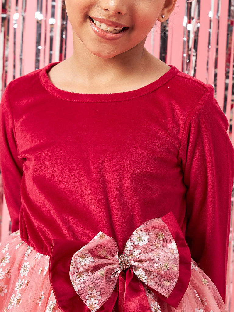 Girls Peach-coloured floral print fit & flare Round neck regular sleeves Casual dress (d-peachvel)