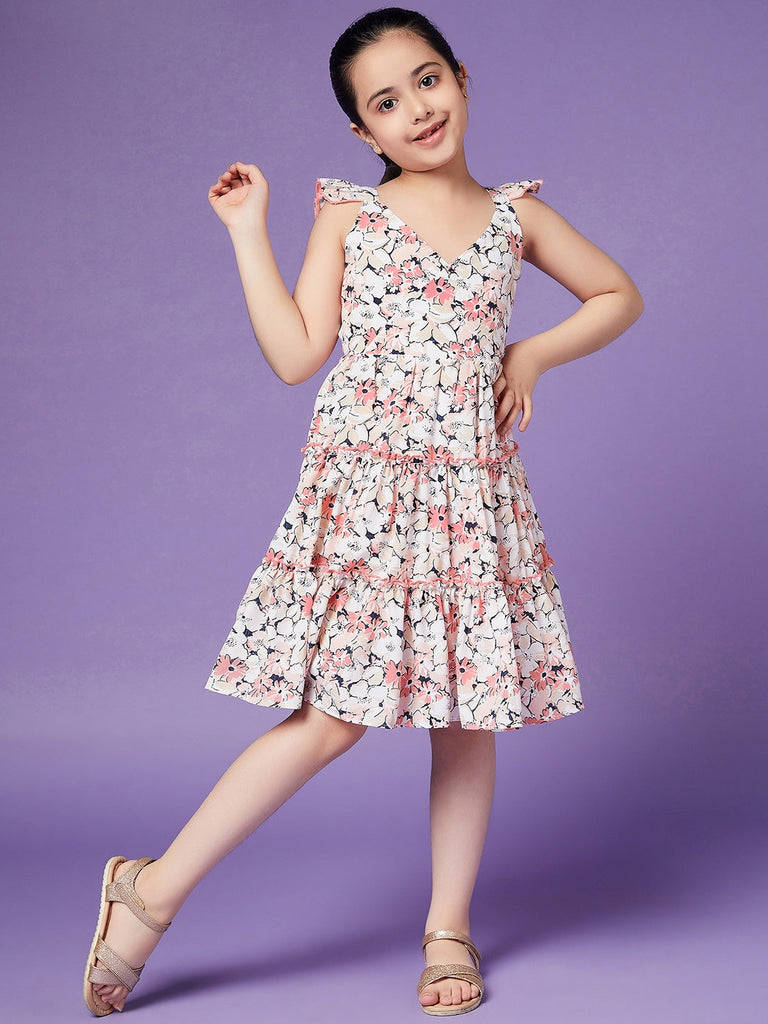 Girls Floral Crepe Shoulder straps Sleeveless Knee length Casual Dress (d-peamulti)