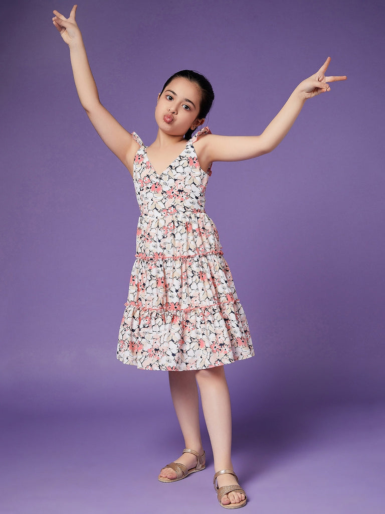 Girls Floral Crepe Shoulder straps Sleeveless Knee length Casual Dress (d-peamulti)