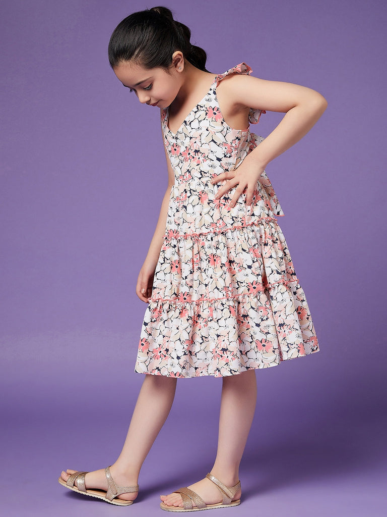 Girls Floral Crepe Shoulder straps Sleeveless Knee length Casual Dress (d-peamulti)