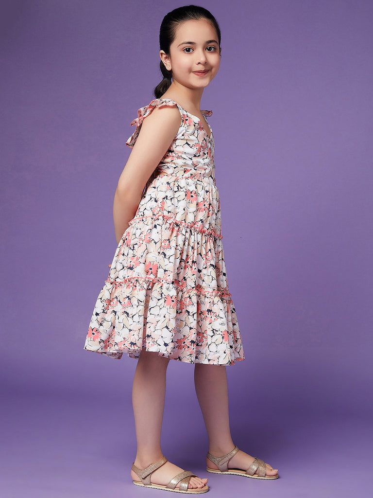 Girls Floral Crepe Shoulder straps Sleeveless Knee length Casual Dress (d-peamulti)