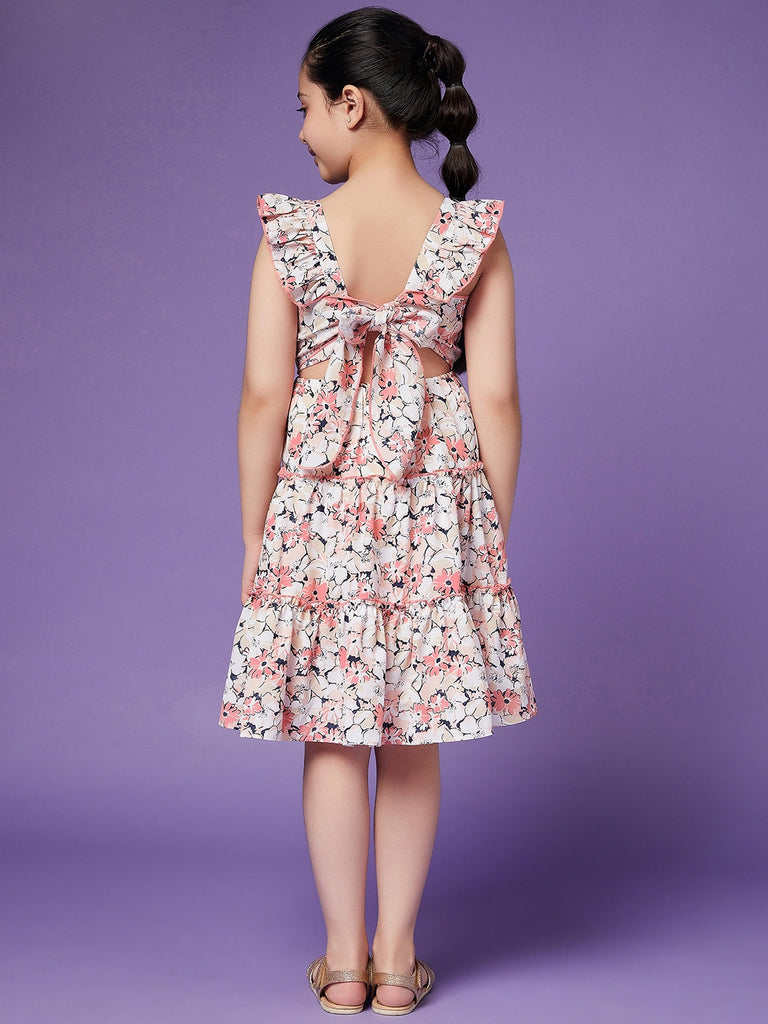 Girls Floral Crepe Shoulder straps Sleeveless Knee length Casual Dress (d-peamulti)