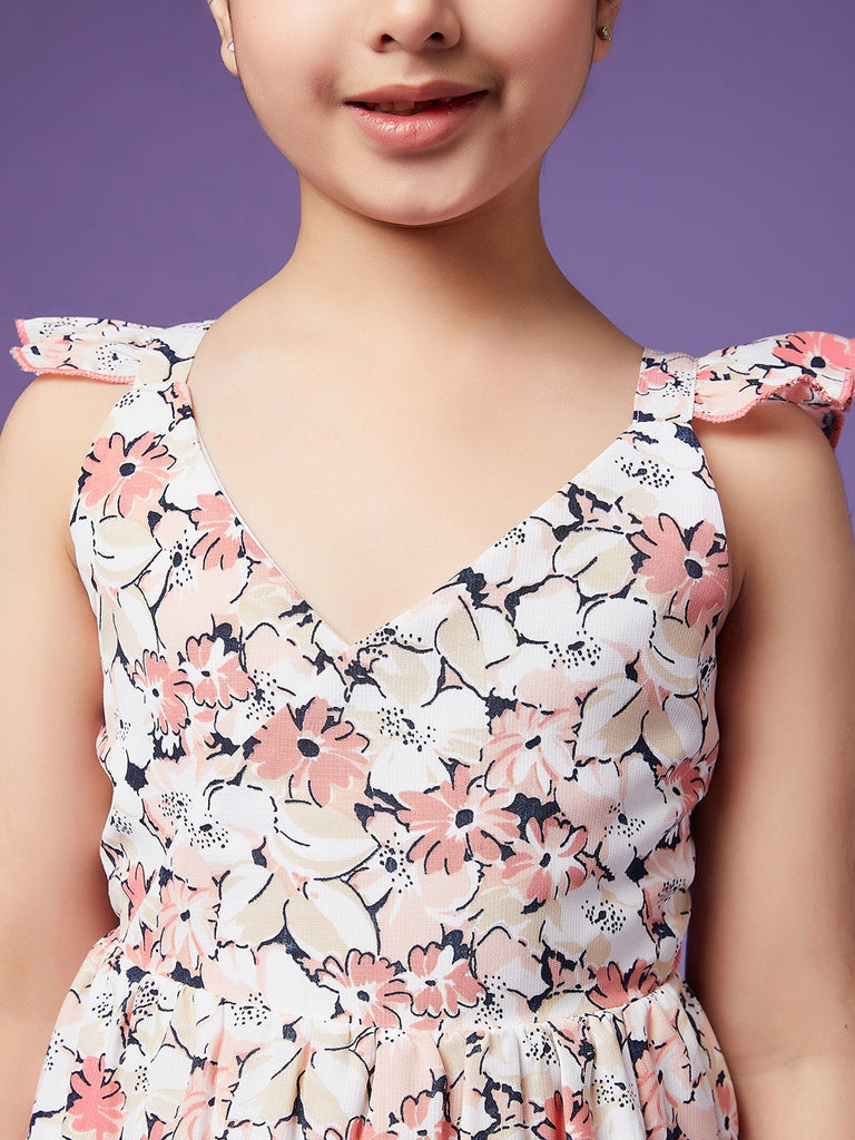 Girls Floral Crepe Shoulder straps Sleeveless Knee length Casual Dress (d-peamulti)