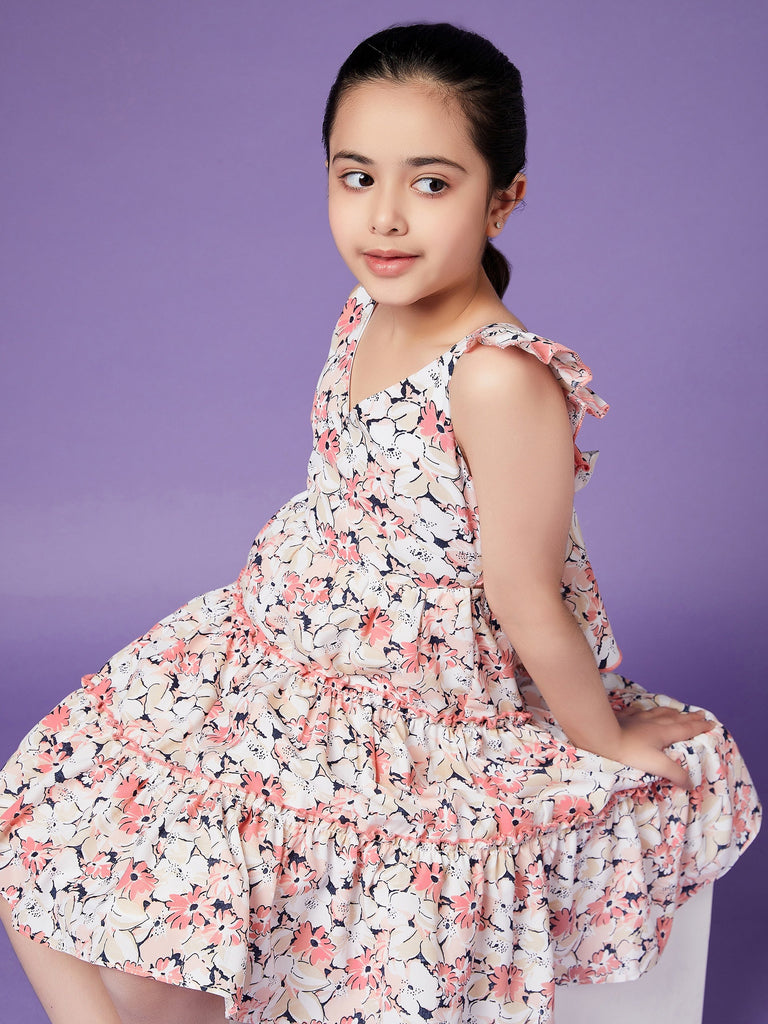 Girls Floral Crepe Shoulder straps Sleeveless Knee length Casual Dress (d-peamulti)