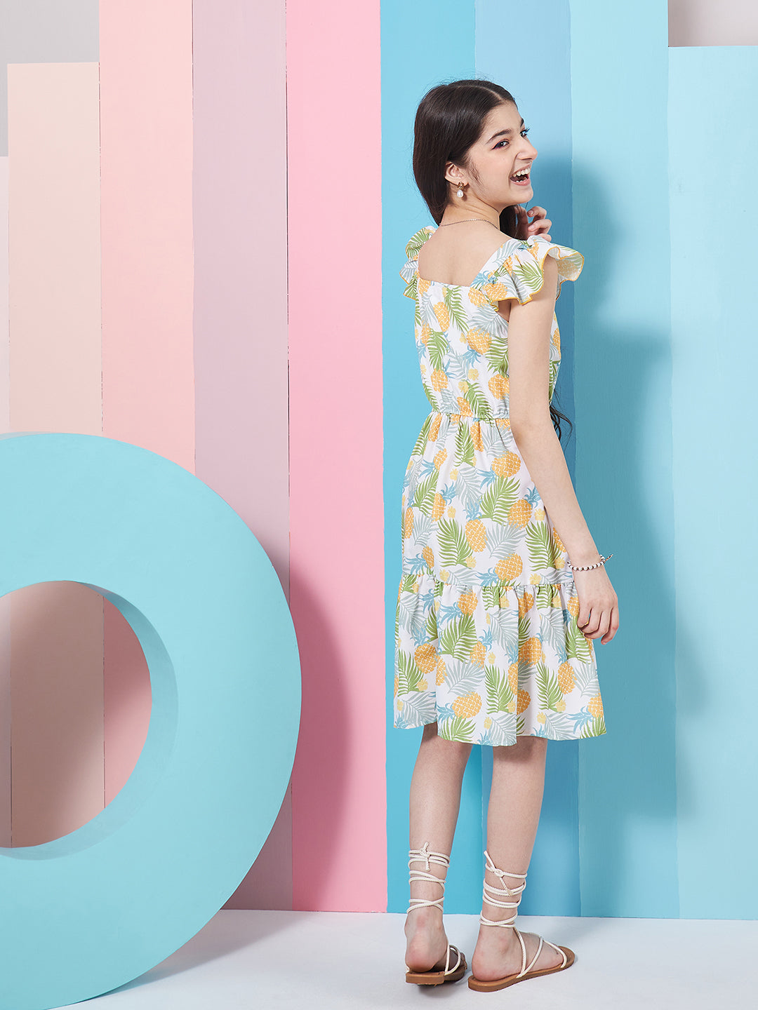 Girl's Floral Print Square Neck Flutter Sleeves Fit & Flare Dress Perfect for Casual Wear Stylish & Trendy (d-pineaplle)