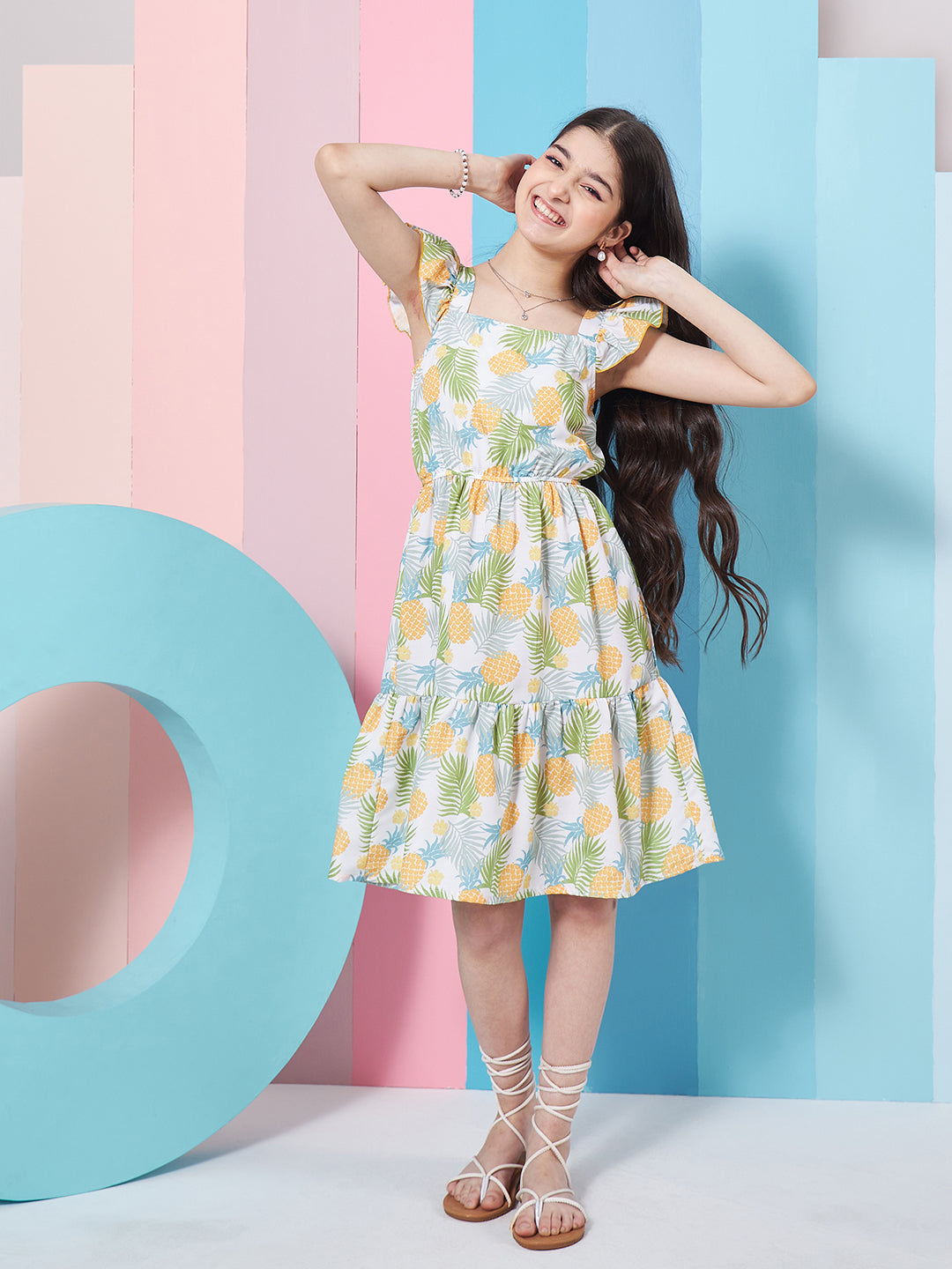 Girl's Floral Print Square Neck Flutter Sleeves Fit & Flare Dress Perfect for Casual Wear Stylish & Trendy (d-pineaplle)