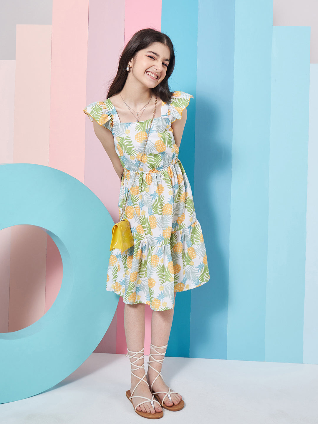 Girl's Floral Print Square Neck Flutter Sleeves Fit & Flare Dress Perfect for Casual Wear Stylish & Trendy (d-pineaplle)