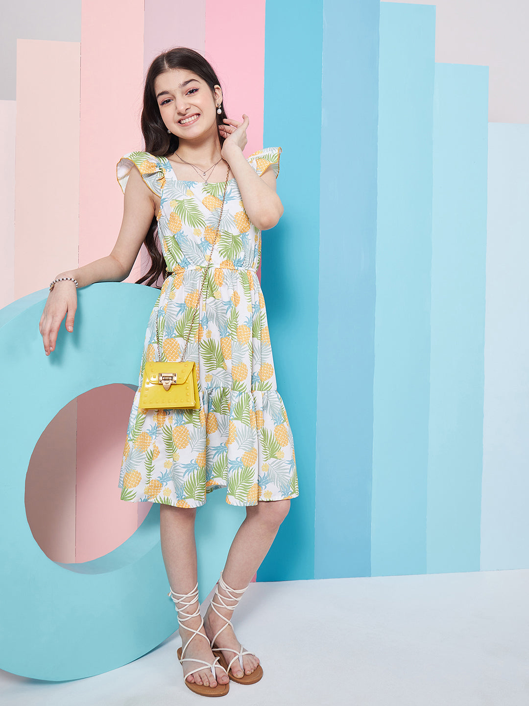 Girl's Floral Print Square Neck Flutter Sleeves Fit & Flare Dress Perfect for Casual Wear Stylish & Trendy (d-pineaplle)