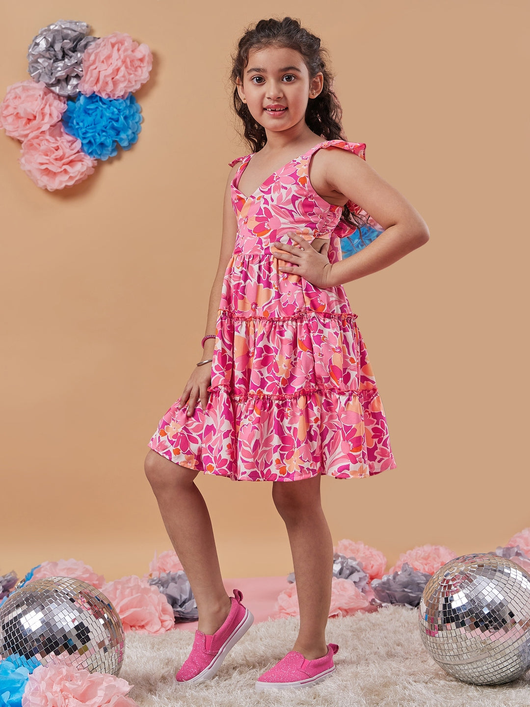 Girl's Floral Print Shoulder Strap Crepe Fit & Flare Dress Pink Color Stylish & Comfortable Wear (d-pinfloral)