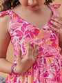 Girl's Floral Print Shoulder Strap Crepe Fit & Flare Dress Pink Color Stylish & Comfortable Wear (d-pinfloral)
