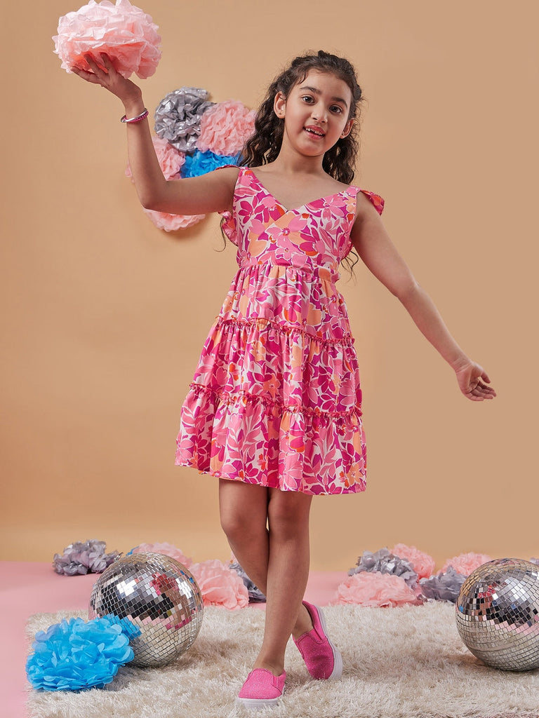 Girl's Floral Print Shoulder Strap Crepe Fit & Flare Dress Pink Color Stylish & Comfortable Wear (d-pinfloral)