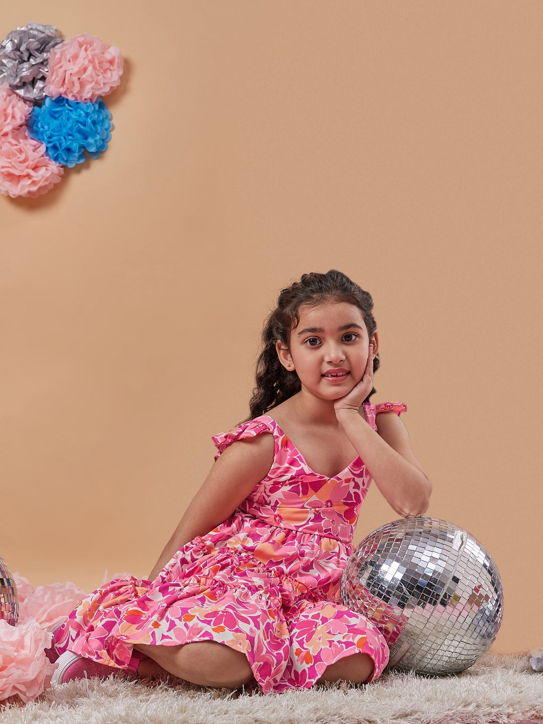 Girl's Floral Print Shoulder Strap Crepe Fit & Flare Dress Pink Color Stylish & Comfortable Wear (d-pinfloral)