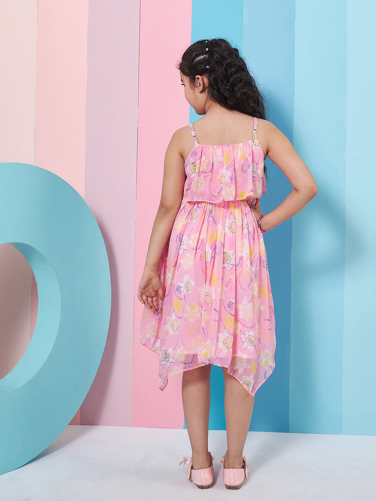 Girl's Sleeveless Floral Print Empire Pink Dress with Shoulder Straps Effortlessly Stylish Statement Piece (d-pinkchiffon)
